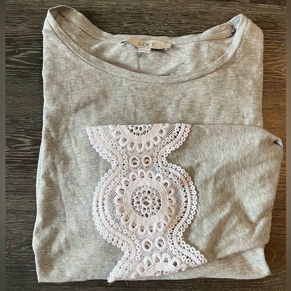 LOFT | Cotton Eyelet Detail 3/4 Sleeve Top | Gray/White | XL